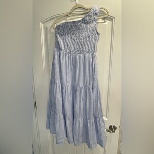 Chic Blue white pin Striped One-Shoulder lined Dress coastal boho fashion pocket